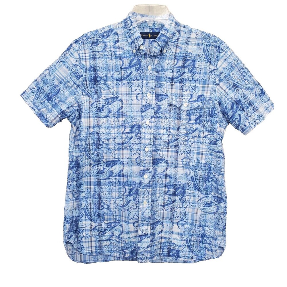 Ralph Lauren Men's Blue Paisley Plaid Short Sleeve Button-Up Shirt Size Medium